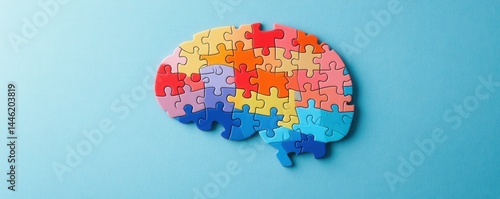 A colorful jigsaw puzzle in the shape of a human brain against a blue background.