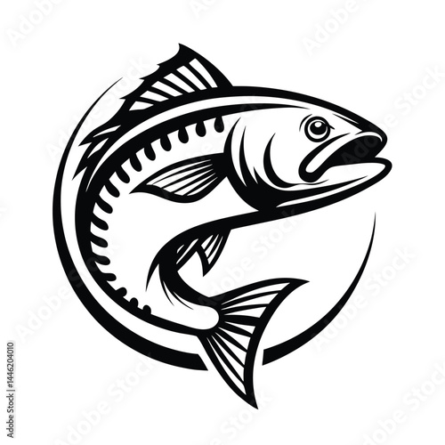 Monochrome Leaping Mackerel in Circle, Detailed Fins, Seafood Illustration, Abstract Style