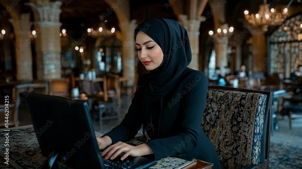 young woman in hijab working on laptop young woman in hijab working on laptop