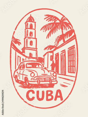 Cuban street with classic car, oval hand drawn sketch vector

