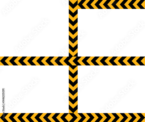 Yellow and black traffic sign arrow pointing on a path with one perpendicular line and another line with three sharp corners on opposite sides.