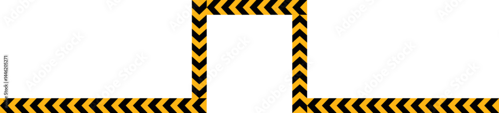 Obraz premium Yellow and black traffic sign arrow pointing on a path with a square shape emerging from a straight line.