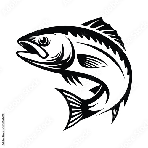 Jumping Fish, Monochrome Illustration, Aquatic Animal, Black & White Graphic, Isolated