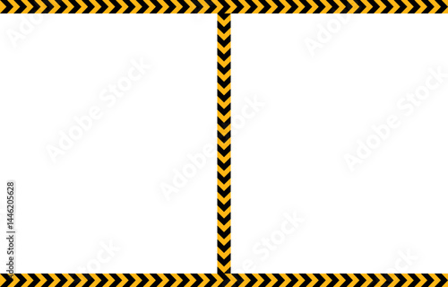 A yellow and black traffic sign arrow points towards a path with two parallel lines and one line perpendicular to them.