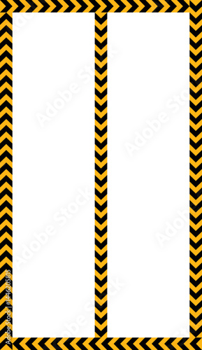 A yellow and black traffic sign arrow points towards a path shaped like a rectangle divided in half by a vertical line.