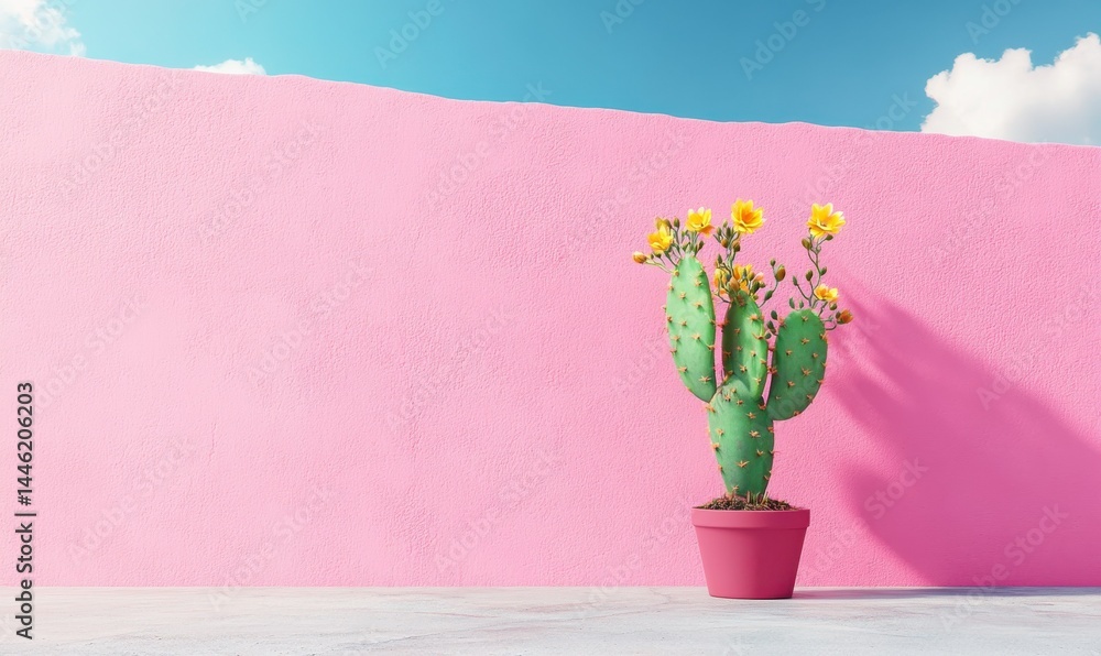 Artistic Cactus Setup Against a Pink Wall with Flourishing Flowers Under a Bright Blue Sky
