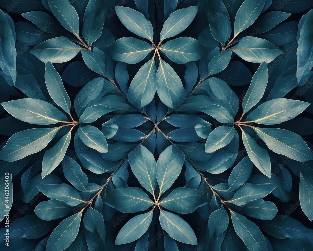 A symmetrical arrangement of dark green leaves, softly illuminated, creating a seamless wallpaper aesthetic A symmetrical arrangement of dark green leaves, softly illuminated, creating a seamless wallpaper aesthetic