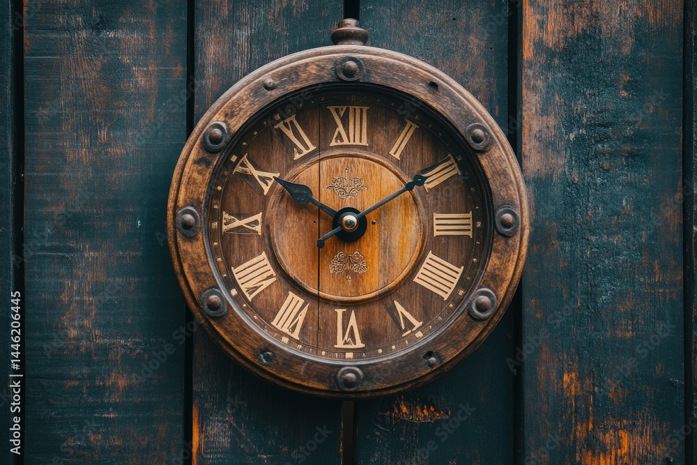 Fototapeta premium Detailed close up of a wooden clock face with Roman numerals on a dark grey wall, Clock Face 3 Close Up in Time Lapse on Dark Grey Wall in Office