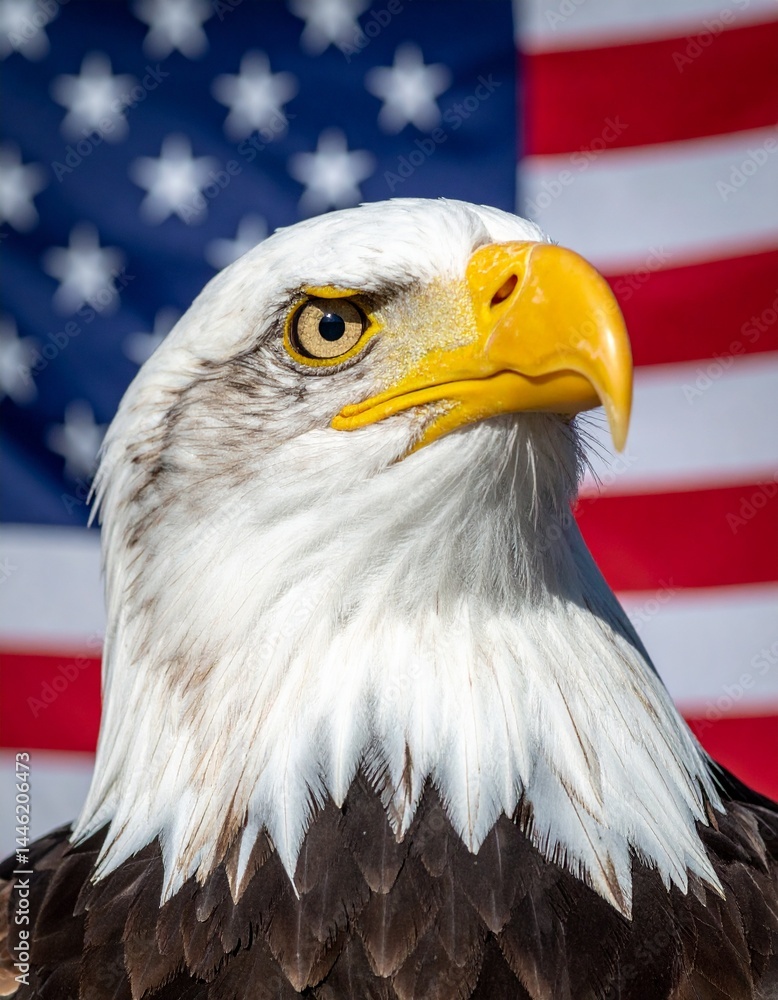 Naklejka premium Beautiful isolated American bald eagle with an American flag background