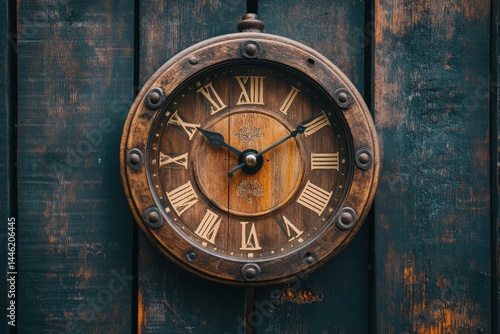 Detailed close up of a wooden clock face with Roman numerals on a dark grey wall, Clock Face 3 Close Up in Time Lapse on Dark Grey Wall in Office