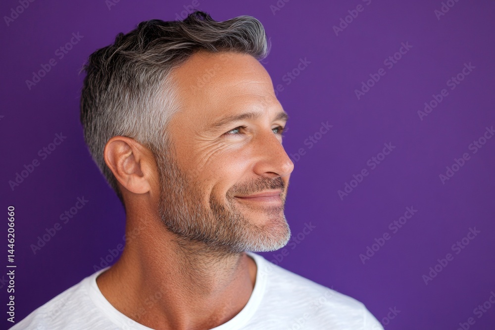 Obraz premium A sophisticated male posing with grace. Purple solid background. Elegant men's short caesar haircut - midlife white man with grey hair. Concept visual design idea art of style for aging men.