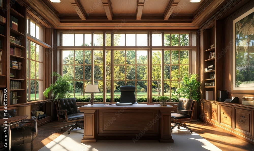 Elegant office interior with wooden accents and large windows.