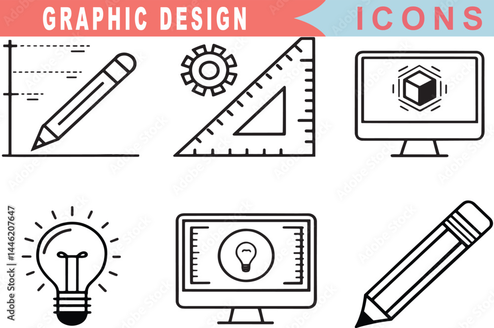 Fototapeta premium Creative Graphic Design Line Icons Art, Drawing, Tools, Portfolio, Digital Media, Design Process Collection