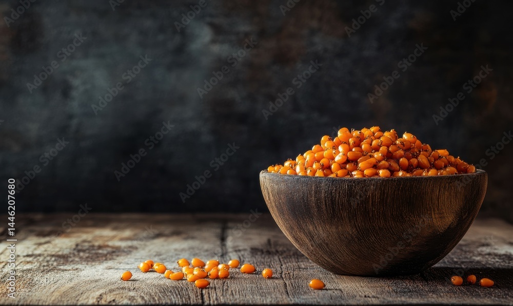 Fresh sea buckthorn berries in a wooden bowl on rustic table