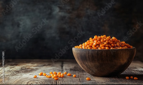 Obraz na płótnie Fresh sea buckthorn berries in a wooden bowl on rustic table w salonie