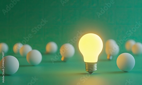 A single glowing lightbulb stands out amongst many unlit bulbs on a teal surface.  It evokes a sense of innovation and originality