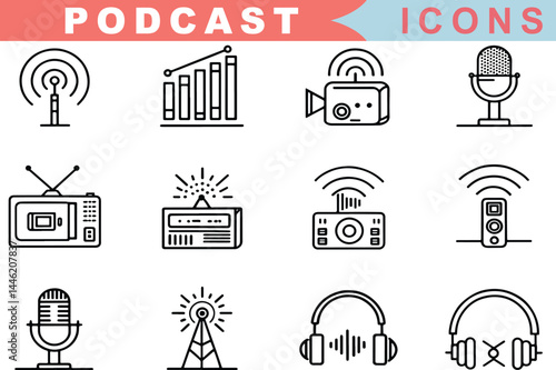 Podcast Icons Collection in Line Style  Radio, Microphone, Broadcast, Audio, Channel, Headphones, Video Symbols

