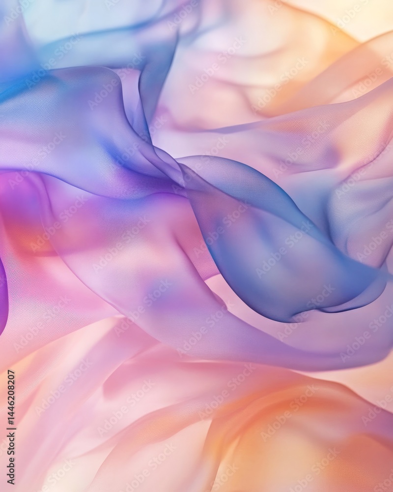 Obraz premium A vibrant, flowing fabric in shades of purple, pink, and orange creates a dreamy atmosphere, with soft gradients blending seamlessly, ideal for backgrounds in design and art projects