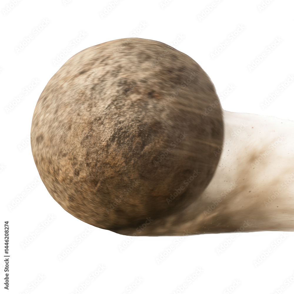 Fototapeta premium A heavy, rough stone ball hurtles across the frame, its rapid spin creating motion blur and a trailing dust plume.