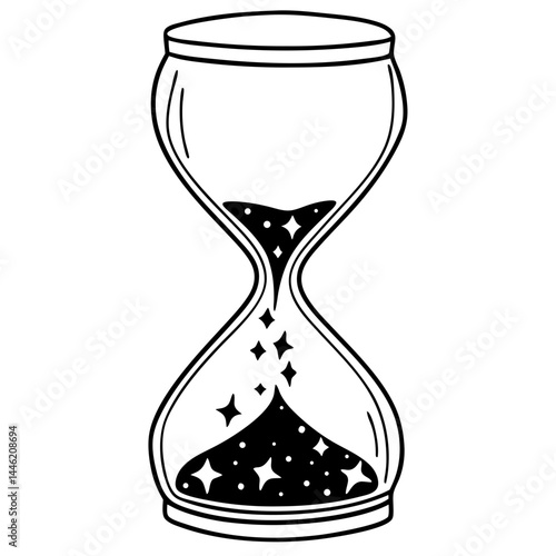 Hourglass filled with tiny stars instead of sand vector logo. Hourglass with star grains icon.