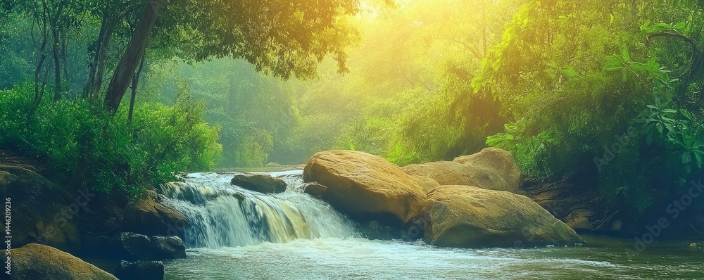 Spring forest stream flowing over smooth rocks, vibrant greenery on both sides, with gentle sunlight illuminating the scene