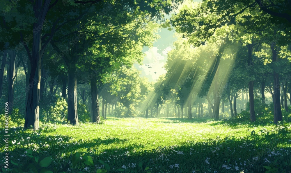 Sunlight filtering through trees on a serene green meadow