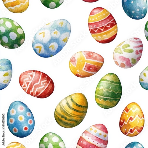 Watercolor Easter egg pattern.  Colorful eggs with various designs, polka dots, stripes, and patterns, on a white background.  A seamless repeating motif