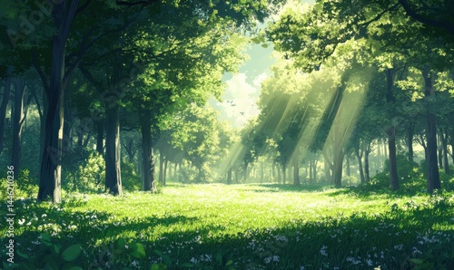 Obraz na płótnie Sunlight filtering through trees on a serene green meadow w salonie