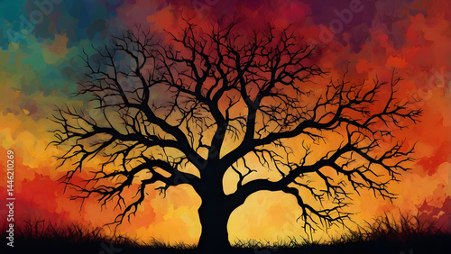 Silhouette of a bare tree against a vibrant abstract watercolor sky in warm orange and red hues