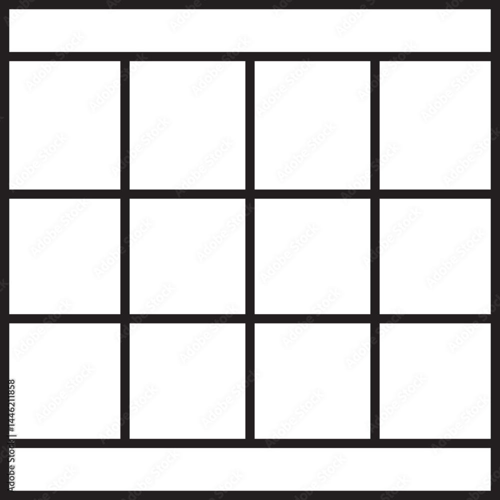 Grid structured with three columns and four rows along with defined footer and header sections. Grid structured with three columns and four rows along with defined footer and header sections.