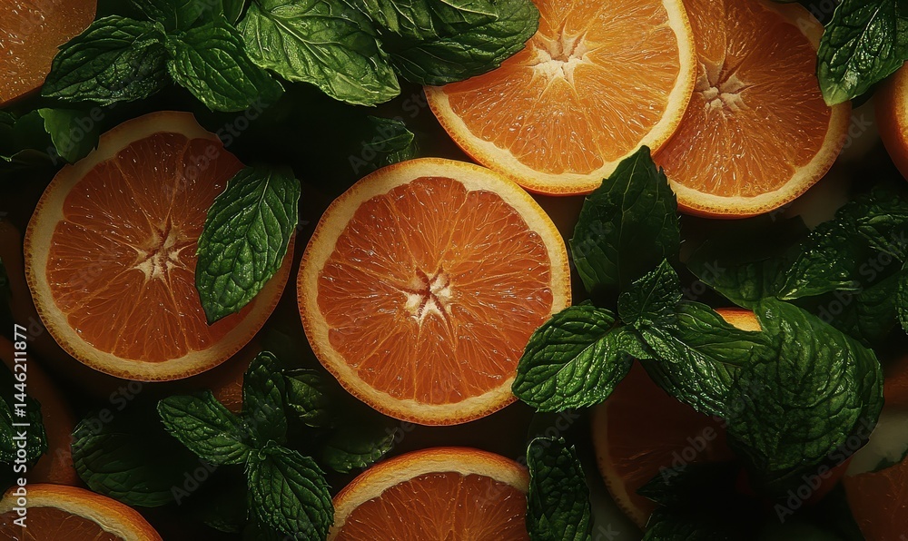 Orange slices and green leaves arranged beautifully in natural light.
