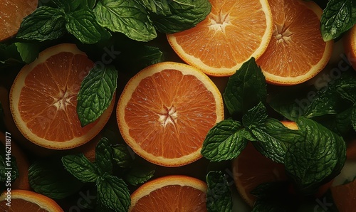 Obraz na płótnie Orange slices and green leaves arranged beautifully in natural light. w salonie