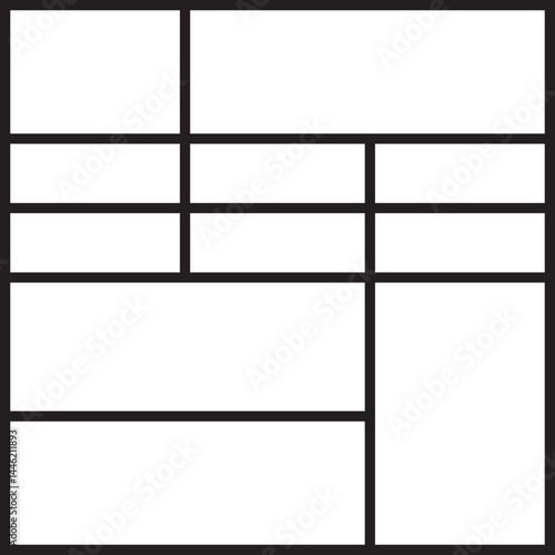 Grid composed of three vertical columns and multiple horizontal rows with irregular height distribution.