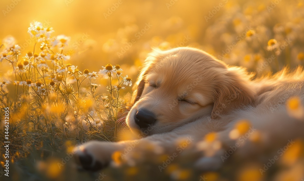 Close-up of a golden retriever puppy playing in a meadow, soft focus wildflowers in the background, golden light highlighting its fur, pure joy and innocence captured, .