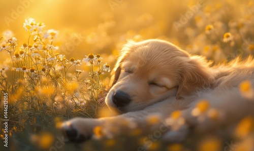 Obraz na płótnie Close-up of a golden retriever puppy playing in a meadow, soft focus wildflowers in the background, golden light highlighting its fur, pure joy and innocence captured, . w salonie