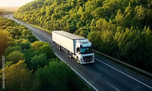 Freight Truck Journey: Captivating Aerial View on Picturesque Highway Amidst Green Foliage