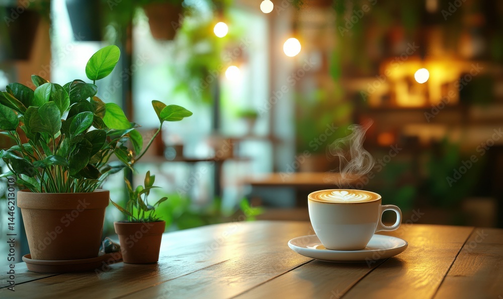 Cozy cafe with plants and a cup of coffee.