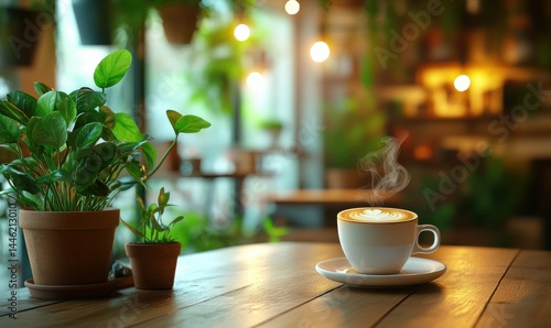 Cozy cafe with plants and a cup of coffee.