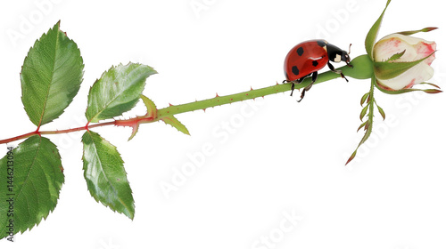 Ladybug Climbs up a Rose Stem in an Isolated and Serene Moment of Natures Beauty