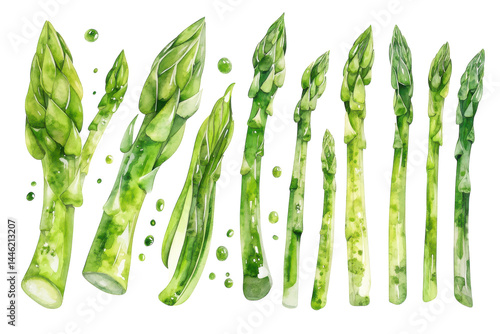Fresh green asparagus watercolor painting vibrant spring harvest healthy food detailed illustration