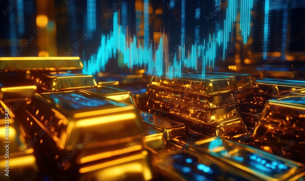 Digital graph rising over a stack of gold bars, bold golden and blue tones creating a futuristic financial aesthetic, high detail,
