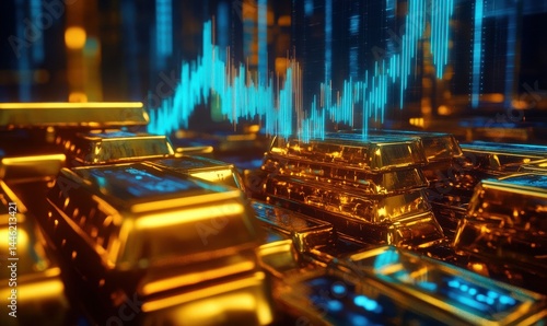 Obraz na płótnie Digital graph rising over a stack of gold bars, bold golden and blue tones creating a futuristic financial aesthetic, high detail, w salonie