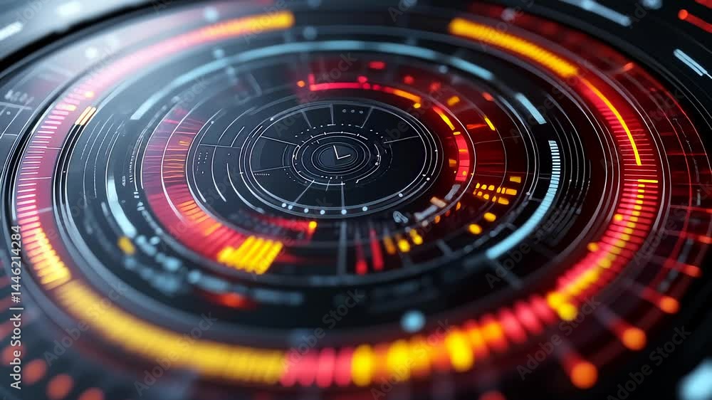 Futuristic technological interface design with circular pattern and dynamic color palette for digital control and data visualization Futuristic technological interface design with circular pattern and dynamic color palette for digital control and data visualization
