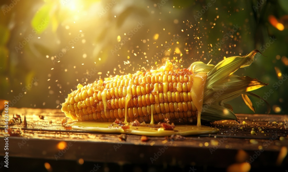 Golden grilled corn placed on a wooden board, butter melting down its sides, rich textures under warm ambient lighting