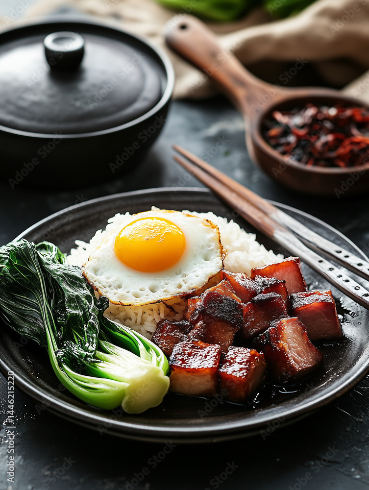Fototapeta premium Char siu rice with fried egg and bok choy: authentic cantonese cuisine