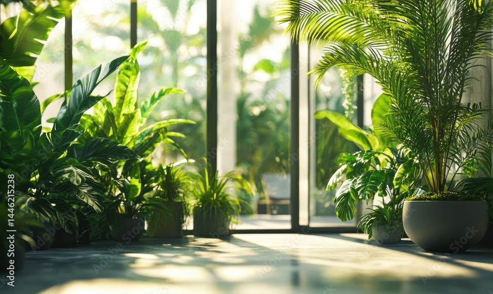 Lush green plants in a modern interior space with large windows letting in natural light. The air feels fresh and rejuvenating. .