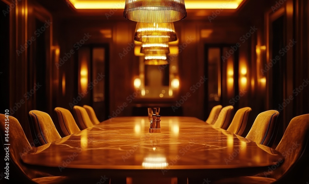 Luxury dining room with plush chairs, a sleek marble table, and pendant lights casting warm golden light.