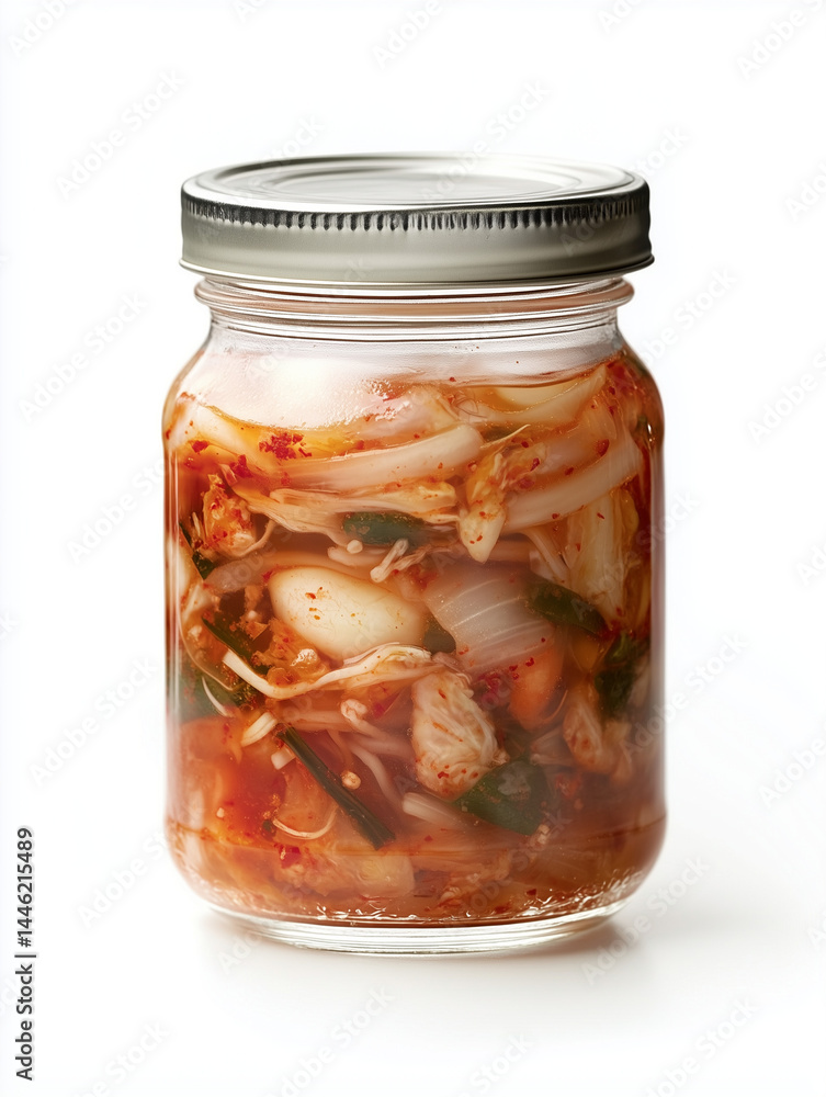 Glass jar preserving fermented kimchi, a traditional korean dish Glass jar preserving fermented kimchi, a traditional korean dish