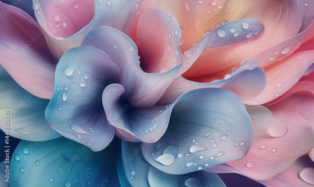 Macro shot of delicate flower petals with dewdrops, vibrant pastel tones enhanced by soft morning light, clean botanical theme with smooth textures,