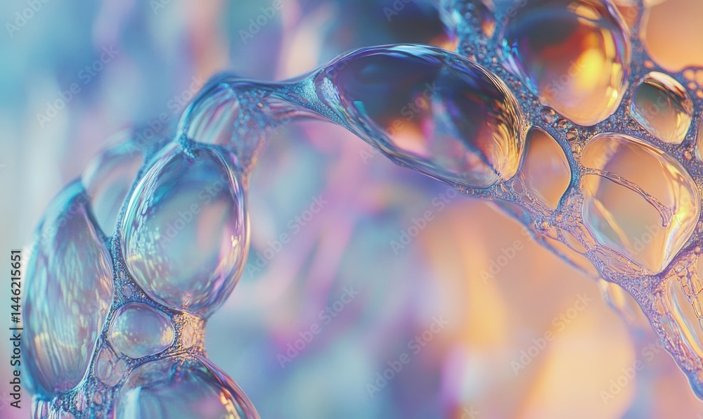 Macro shot of delicate soap bubbles with rainbow reflections, soft pastel background creating a playful and magical atmosphere, .